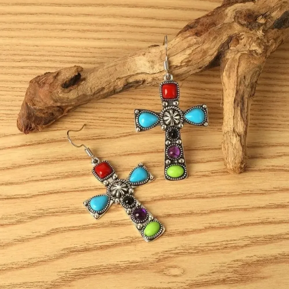 Gorgeous Boho Cross dangle earrings Stunning Stone Embellishments - Picture 3 of 5